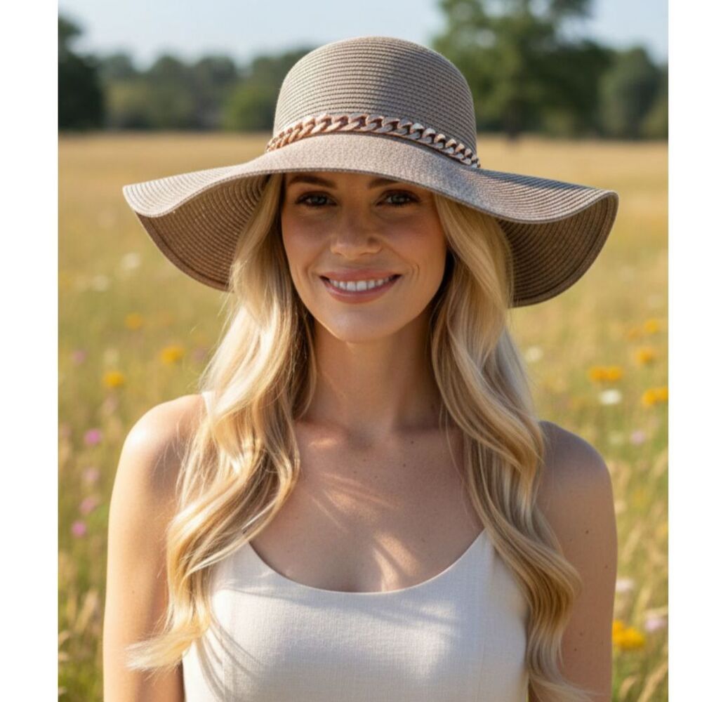 LAST ONE NEW Tan Raffia Straw Floppy Wide Brim Sunhat with Chain Hat OS NWT